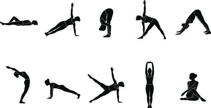 Set of black silhouettes of a young woman performing various yoga poses and fitness exercises on a white background for health and wellness concepts