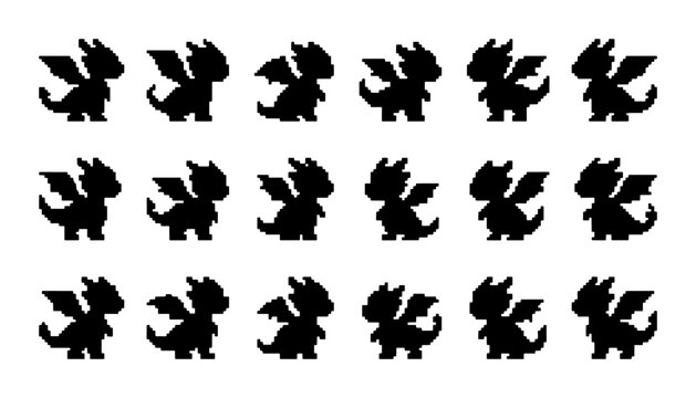 Pixel Art Dragon Icons, 15 Retro Fantasy Creatures, Cute Mythical Beasts, Game Assets, Vector Silhouettes