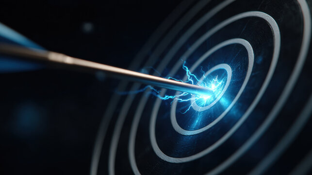 Glowing arrow hitting target electric blue energy dark background close up abstract concept focus success accuracy aim precision