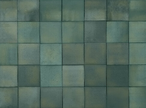 Blue-green terracotta ceramic tiles cladding texture for interior, exterior wall, dividing wall, facade, yard, floor. Natural handmade tinted bluish green outdoor square clay slabs background.