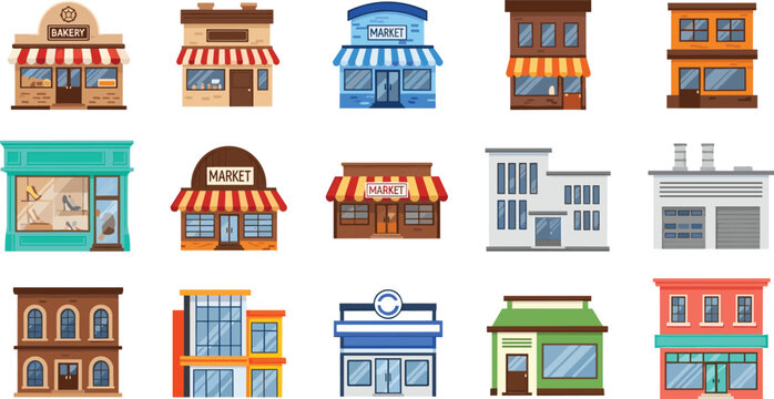 Set of flat storefront illustrations featuring bakeries markets boutiques and urban commercial buildings isolated on white background for city map design