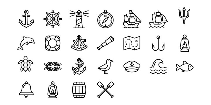 Icon set collection of nautical and sailing elements featuring anchor, lighthouse, compass, steering wheel, ship, and marine life in thin line style.