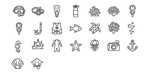 Icon set collection of scuba diving and coral reef exploration equipment including mask, snorkel, fins, oxygen tank, and diverse marine organisms. © Raka Firdaus 
