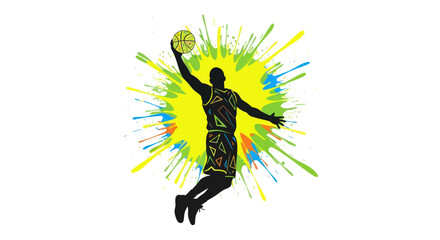 Basketball Player Silhouette Dunking with Colorful Paint Splatter Explosion © Dudung