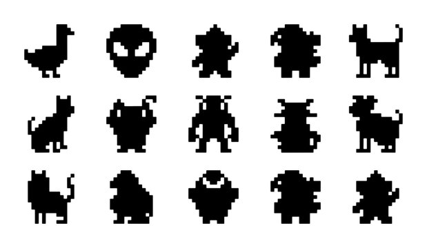 Pixel Art Icons: 15 Retro Sci-Fi & Animal Silhouettes, 8-Bit Characters for Gaming and Tech Graphics