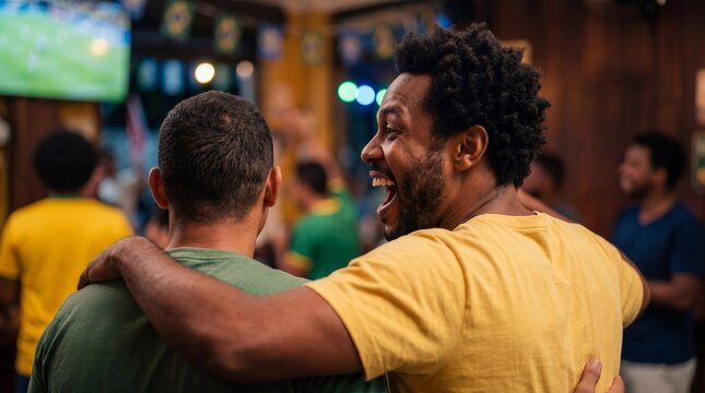 Excited Black man cheering and celebrating a goal with friends in a crowded sports bar decorated with Brazilian flags