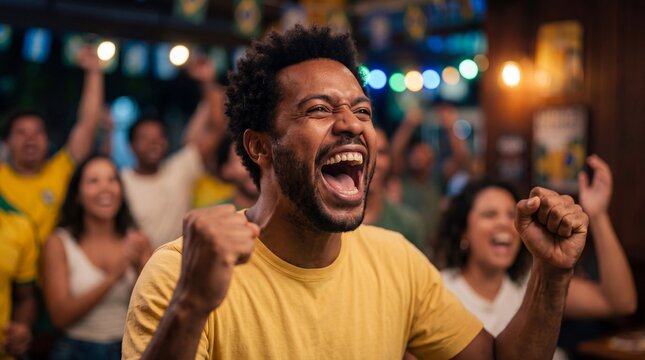 Excited Black man cheering and celebrating a goal with friends in a crowded sports bar decorated with Brazilian flags