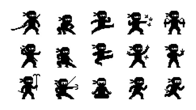 Ninja Silhouette Icon Set, Martial Arts Action Poses, Stealth Warrior Vector Graphics, Japanese Fighter Collection
