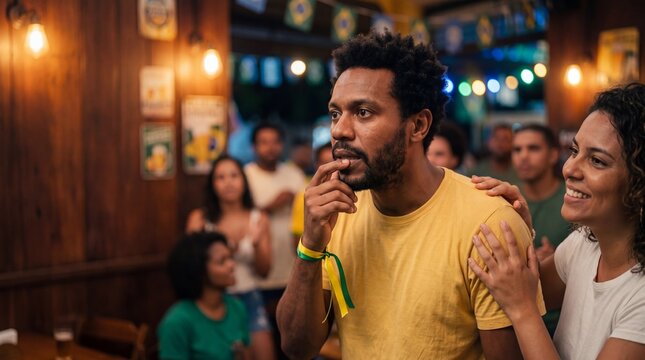 Excited Black man cheering and celebrating a goal with friends in a crowded sports bar decorated with Brazilian flags