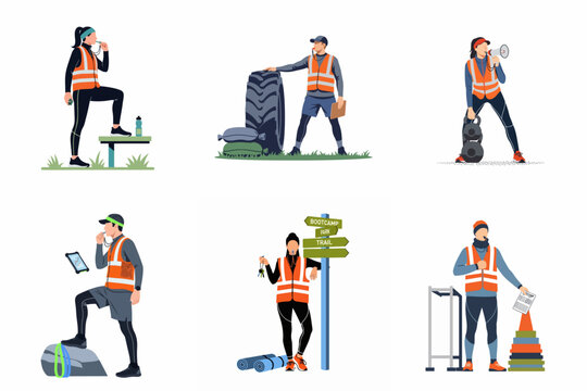 Vector illustration set of outdoor fitness coaches and bootcamp instructors wearing safety vests and using various training equipment on a white background.