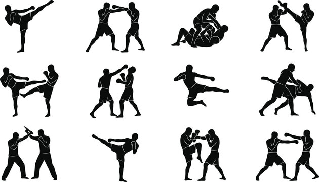 Set of professional martial arts silhouettes featuring mma fighters boxers and kickboxers in combat poses isolated on white background