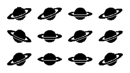 Set of 12 Black Saturn Planet Icons, Space Celestial Body Vector Graphics, Cosmic Galaxy Celestial Object Illustrations for Science and Astronomy Themes © PixelArtBox