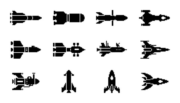 Retro Sci-Fi Spaceship Icons, Vintage Rocket Silhouettes, Futuristic Craft Vector Set, Space Exploration Graphics