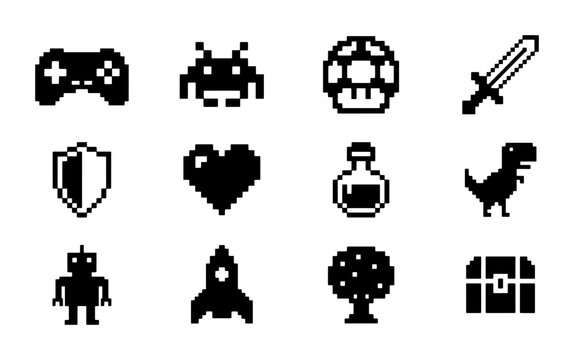 Pixel Art Game Icons Set: Retro 8-bit Controller, Alien, Mushroom, Sword, Shield, Heart, Potion, Dinosaur, Robot, Rocket, Tree, Treasure Chest