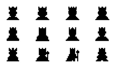 Chess Rook Icons, Black Silhouette Vector Set, Strategy Game Pieces, Board Game Elements, Minimalist Design, Digital Asset Collection © PixelArtBox