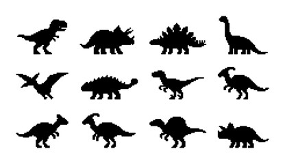 Dinosaur Silhouettes Collection, Prehistoric Reptile Icons, Jurassic Era Vector Graphics, Ancient Creature Shapes for Kids and Education © PixelArtBox