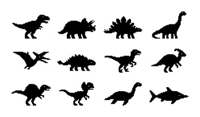 Dinosaur Silhouettes Collection, Prehistoric Reptile Icons Set, Jurassic Era Creatures Vector Graphics, Ancient Animal Shapes for Kids and Education © PixelArtBox