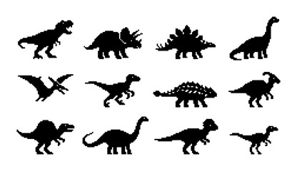 Dinosaur Silhouettes Collection, Prehistoric Reptile Icons Set, Jurassic Era Vector Graphics, Ancient Creature Illustrations, Black and White Dino Graphics © PixelArtBox