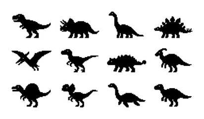 Dinosaur Silhouettes Collection, Prehistoric Reptile Icons Set, Jurassic Era Vector Graphics, Ancient Creature Illustrations © PixelArtBox