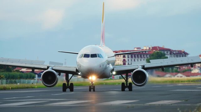 White narrow body commercial airliner on airport runway head on view, landing lights illuminated, green trees and building visible in background, overcast sky