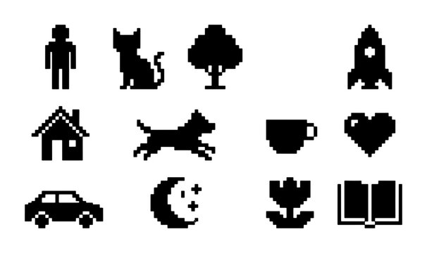 Pixel Art Icons Set: 12 Retro Computer Graphics Featuring Human, Cat, Dog, House, Car, Rocket, Tree, Moon, Heart, Flower, Book, Coffee Cup