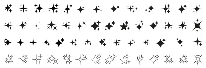 Set of black sparkle stars showing minimalist twinkle elements magic glint shapes starburst patterns glitter flashes and glowing decorations perfectly designed for vector abstract assets © Gill