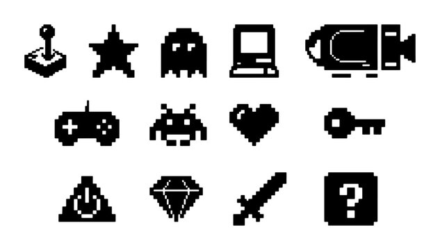 Retro Pixel Art Icons Set: 12 Vintage Gaming Symbols, Joystick, Ghost, Heart, Diamond, Sword, Computer, Camera, Controller, Alien, Key, Power, Question Mark, Digital Art