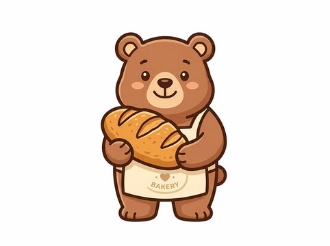 Cute Cartoon Bear Baker Holding Fresh Loaf of Bread 1.
