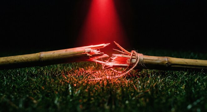 Dramatic bamboo breakage: close-up of splintered cane under red spotlight on green grass