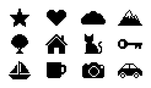 Retro Pixel Art Game Icons Set: Controller, Heart, Sword, Mushroom, Ghost, Chest, Castle, Skull, Potion, Stars, Spaceship, 15 Vector Elements