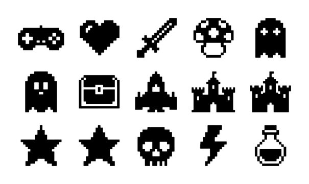 Retro Pixel Art Game Icons Set, 8-Bit Video Game Characters and Objects, Nostalgic Arcade Graphics Collection
