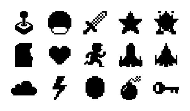 Retro Pixel Art Game Icons Set, 15 Vintage Arcade Icons, 8-Bit Video Game Graphics, Joystick, Mushroom, Sword, Star, Spaceship, Heart, Player, Bomb, Key