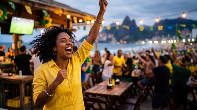 Excited Brazilian Woman Celebrating a Goal at a Beach Bar in Rio de Janeiro During a Soccer Match