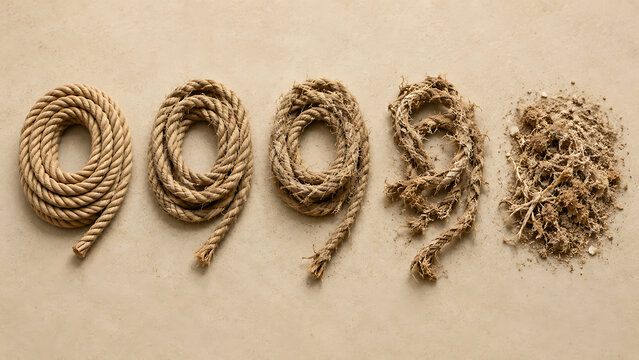 Degradation of rope from new coil to frayed strands and fibers with degradation material strength weakness disintegration progress securing construction agriculture