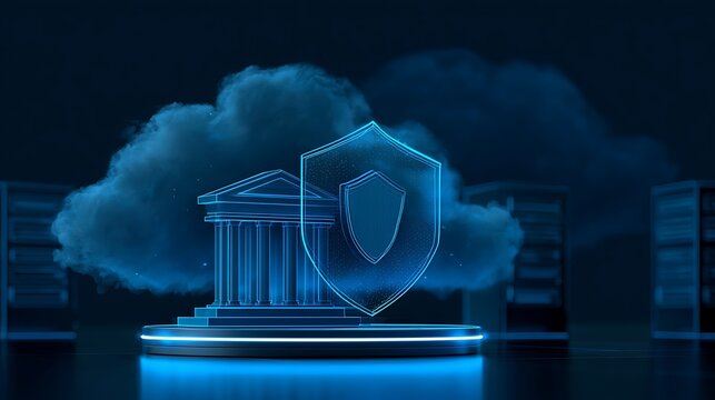 financial cloud security technology, protected banking servers with hologram shield, fintech cybersecurity background