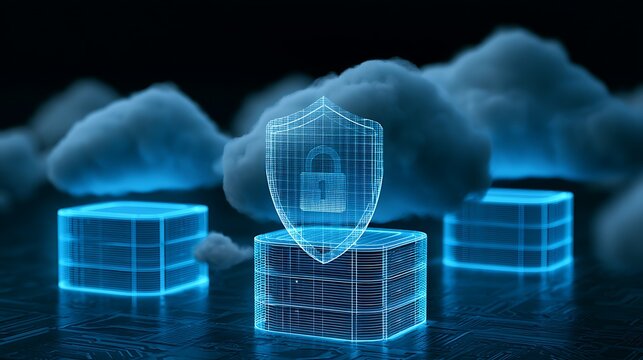 financial cloud security technology, protected banking servers with hologram shield, fintech cybersecurity background