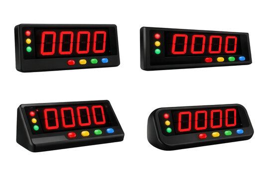 Four digital timers with red LED displays showing 0000, black casing, and colorful indicator lights, isolated on a white background