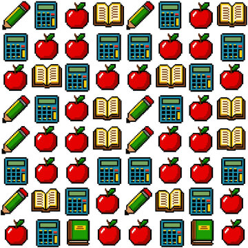 Seamless pattern of pixel art school supplies with apple calculator and book.