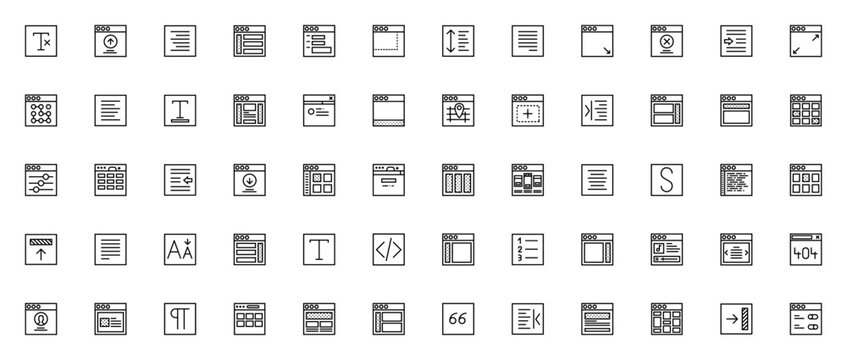 User Interface icon set. UI icon pack. Minimal vector icons. Featuring browser, alignment, edit, sort, insert, list, style, coding, error page, quote, underline and more. Editable stroke.