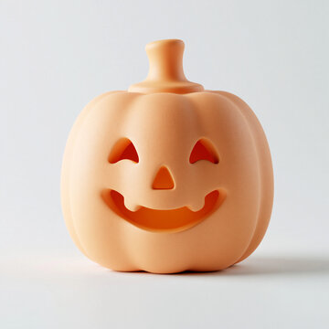 A bright orange decorative pumpkin with a cheerful carved face sits isolated on a white background