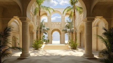 Obraz premium Desert oasis courtyard with palm trees, arched doorways, and sandy floor