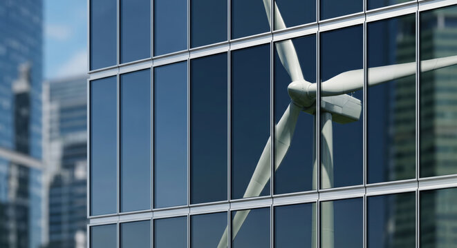 Wind turbine reflection on glass building facade shows climate risk awareness and finance investment in sustainable energy solutions