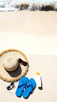 Summer beach vacation essentials on white sand with ocean waves