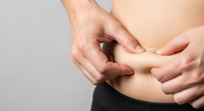 Pinching abdominal skin fat shows concern about fatty liver disease and health with hands squeezing belly skin in close up image