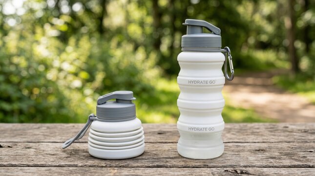 Realistic image of a white silicone collapsible collapsible water bottle, folded and unfolded view