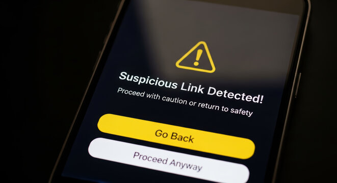 Suspicious link detected on smartphone screen warning about online scam prevention urging caution and safe browsing to avoid fraud