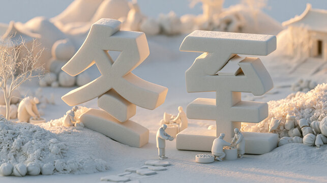 Miniature people working in a snowy landscape with large sculpted Chinese characters representing the winter solstice festival