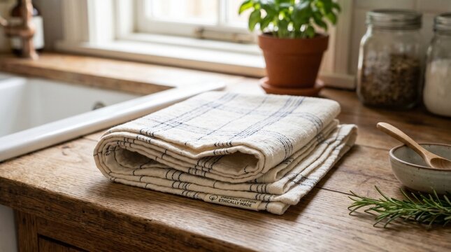 Photorealistic image of a folded organic cotton dish towel with subtle stripe pattern