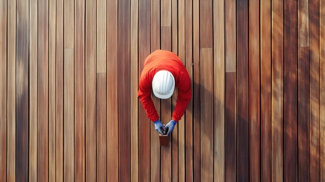 Worker staining wooden deck, overhead view