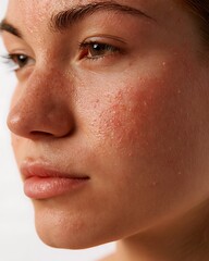 Fototapeta premium high-detail skincare macro showing eczema irritation with peeling skin and rough texture, visible pores,